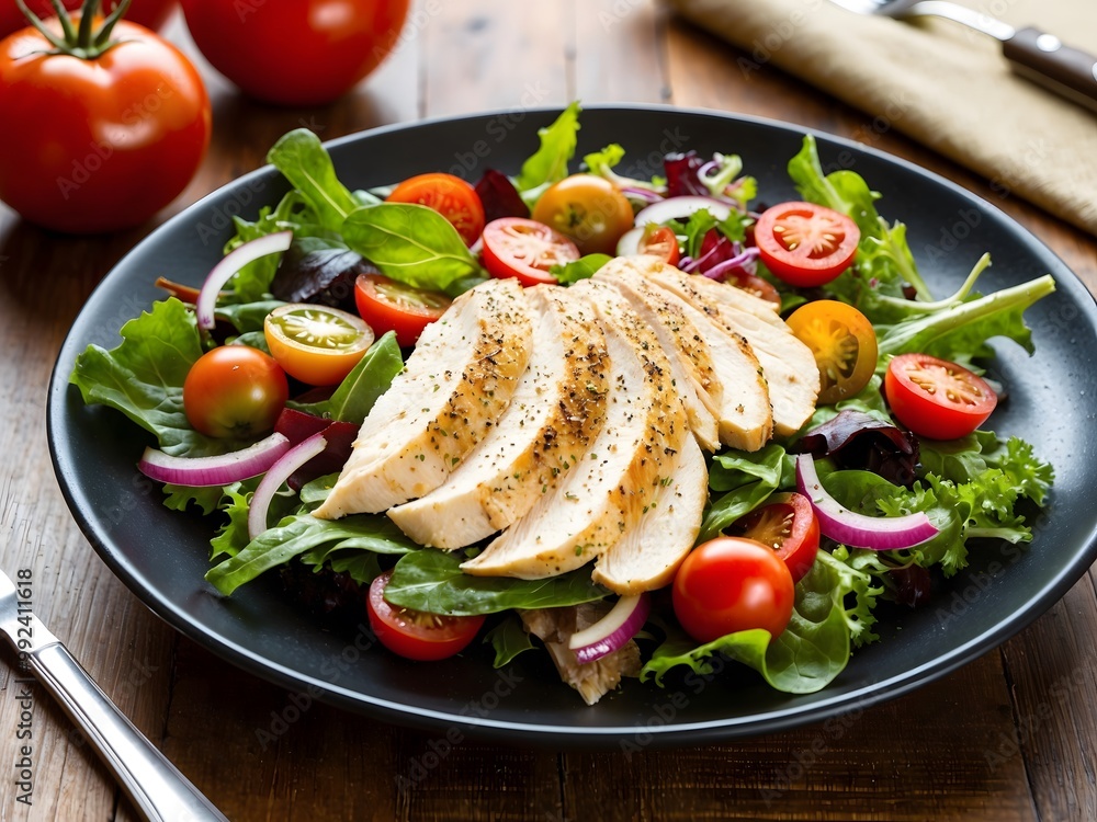 Plate of chicken salad with vegetables on wooden table. Plate of chicken salad with vegetables on wooden table.