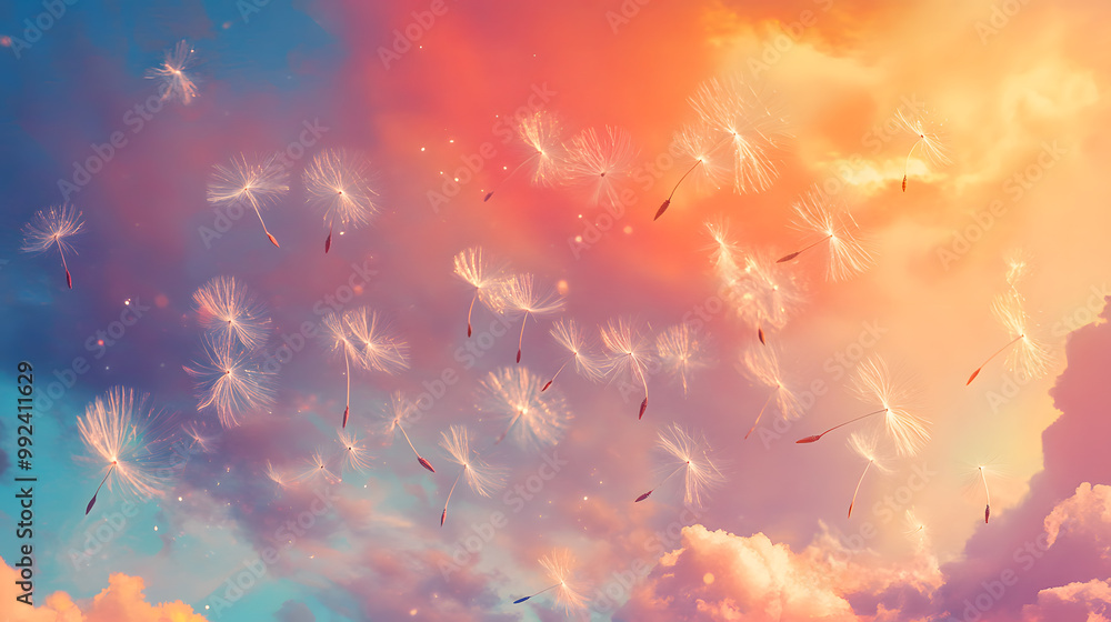 A vibrant sunset sky with numerous dandelion seeds floating freely, carried by the wind. A vibrant sunset sky with numerous dandelion seeds floating freely, carried by the wind.