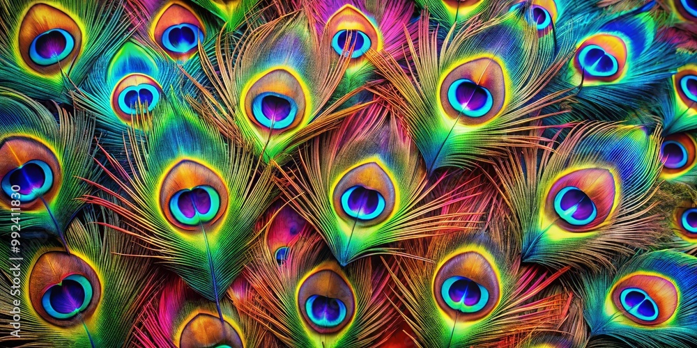 A vibrant tapestry of iridescent peacock feathers, showcasing the intricate beauty of nature's design, a symphony of colors in a captivating display