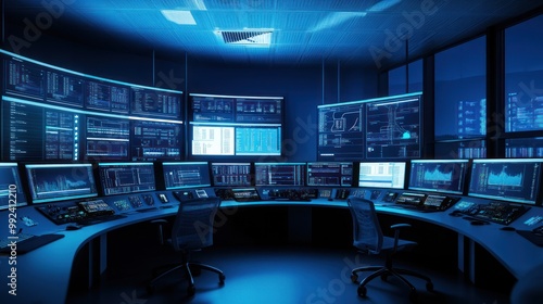 Modern Control Room with Multiple Screens Displaying Data and Information