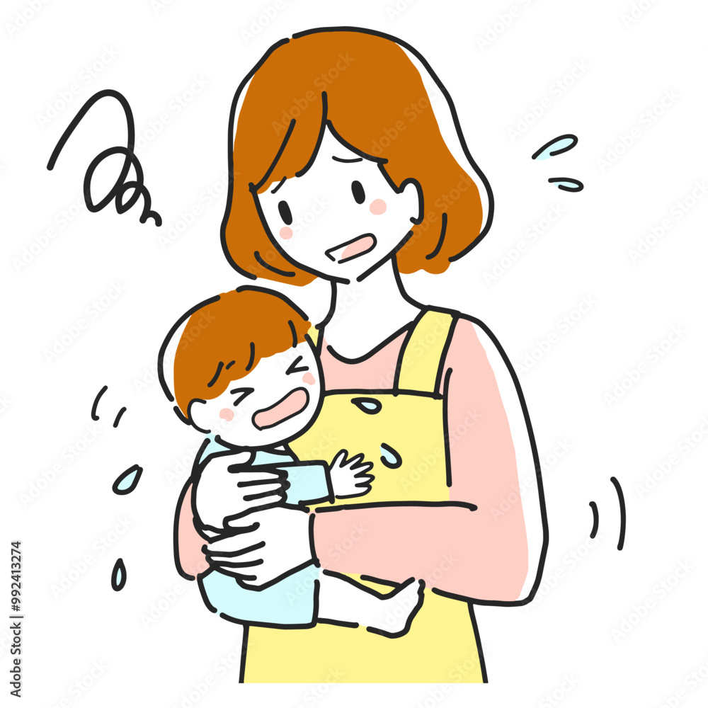 Hand drawn line illustration of a young mother with a crying infant in distress. Hand drawn line illustration of a young mother with a crying infant in distress.
