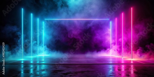 Neon lights illuminate a misty and reflective concrete surface, creating a vibrant and ethereal atmosphere