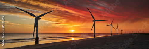 Eolic Wind Turbines Energy Supplies Electricity to a Beach City. Distribution of Clean and Sustainable Energy Power photo