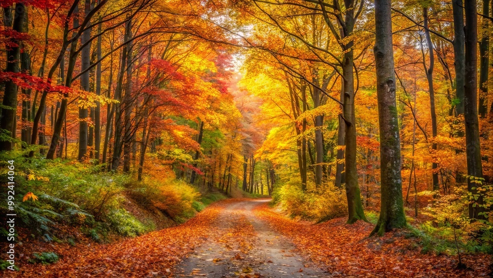 Fototapeta premium A winding path through a vibrant autumnal forest, where golden and crimson leaves blanket the ground, creating a picturesque scene of seasonal beauty.