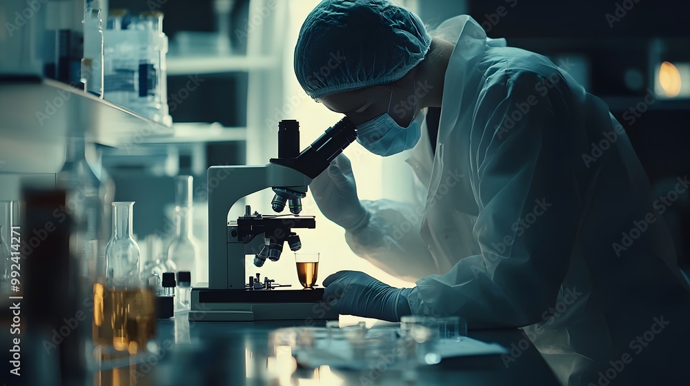 Scientist in a Laboratory Using a Microscope and Analyzing a Sample in a Glass Beaker Scientist in a Laboratory Using a Microscope and Analyzing a Sample in a Glass Beaker