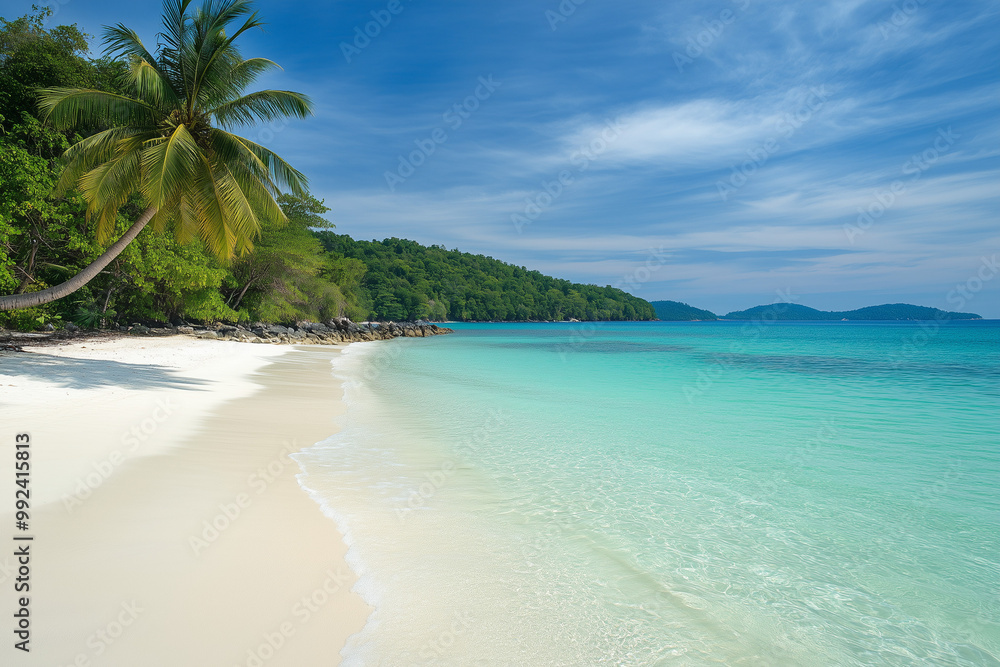 A pristine tropical beach with soft white sand, crystal-clear turquoise water, and gently swaying palm trees. The scene is inviting and peaceful A pristine tropical beach with soft white sand, crystal-clear turquoise water, and gently swaying palm trees. The scene is inviting and peaceful