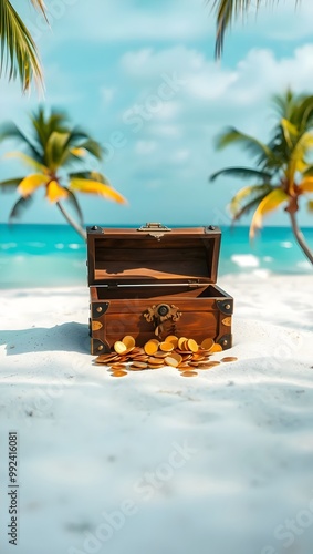 A small wooden treasure chest overflowing with gold coins on a sandy beach with clear blue water and palm trees under a sunny sky. Generative AI