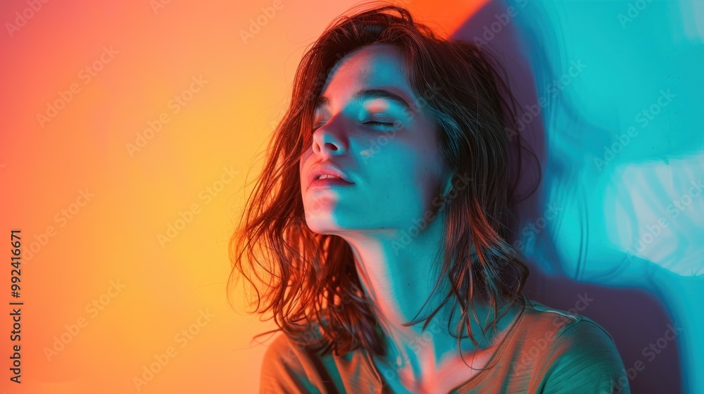 Fototapeta premium Beautiful Caucasian Female Model with gradient background in neon light AI generated image