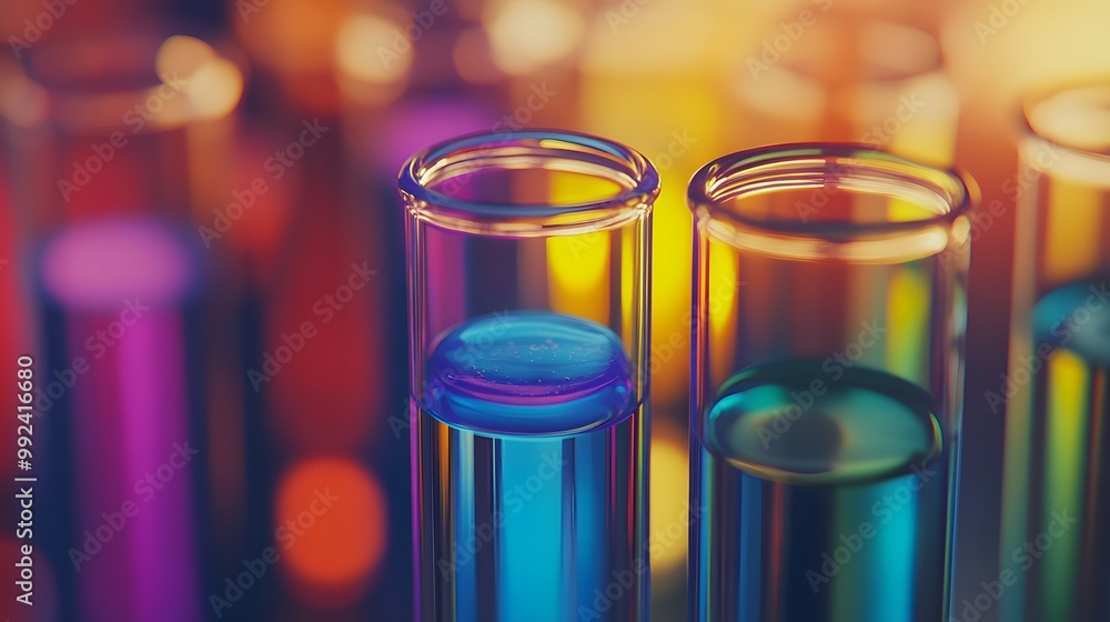 Two Test Tubes Filled With Colored Liquids Against a Colorful Background Two Test Tubes Filled With Colored Liquids Against a Colorful Background