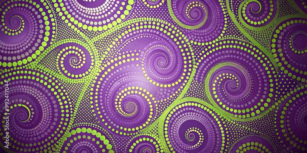 Abstract Swirling Pattern of Interconnected Dots in Shades of Purple and Green Abstract Swirling Pattern of Interconnected Dots in Shades of Purple and Green