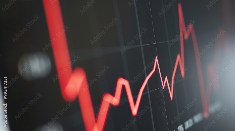 Close-up of digital screen showing downward-trending line graph symbolizing rate cut in financial markets, clean background for copy space, professional financial analysis concept. Close-up of digital screen showing downward-trending line graph symbolizing rate cut in financial markets, clean background for copy space, professional financial analysis concept.