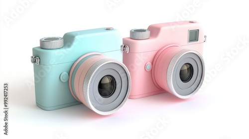 A clean arrangement of three modern cute 3D cameras in pastel shades, isolated on white