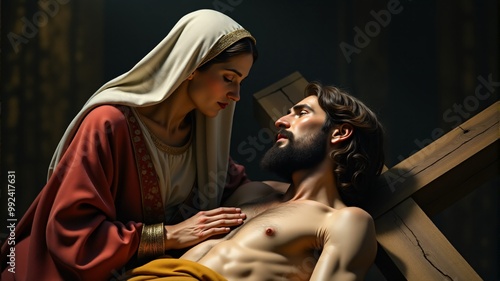 A Glimpse of Love and Pain, Jesus collapses under the cross, and Mary rushes to His side. The image captures the deep emotional bond between mother and son, with the cross looming behind them and Mary