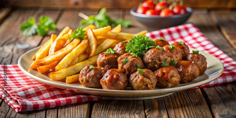 A plate of savory meatball bites, glazed in a sweet and tangy sauce, served alongside a generous portion of golden brown french fries. A plate of savory meatball bites, glazed in a sweet and tangy sauce, served alongside a generous portion of golden brown french fries.