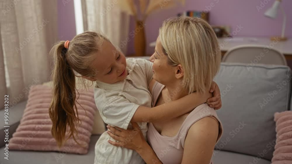 Woman hugging daughter in a cozy living room with pink pillows, beige curtains, and books on a shelf in a cheerful apartment interior. Woman hugging daughter in a cozy living room with pink pillows, beige curtains, and books on a shelf in a cheerful apartment interior.