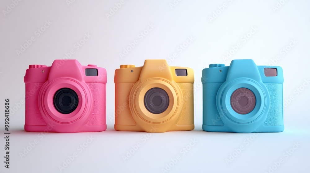 Set of three trendy, tech-forward 3D cameras, in vibrant colors, against a white backdrop Set of three trendy, tech-forward 3D cameras, in vibrant colors, against a white backdrop