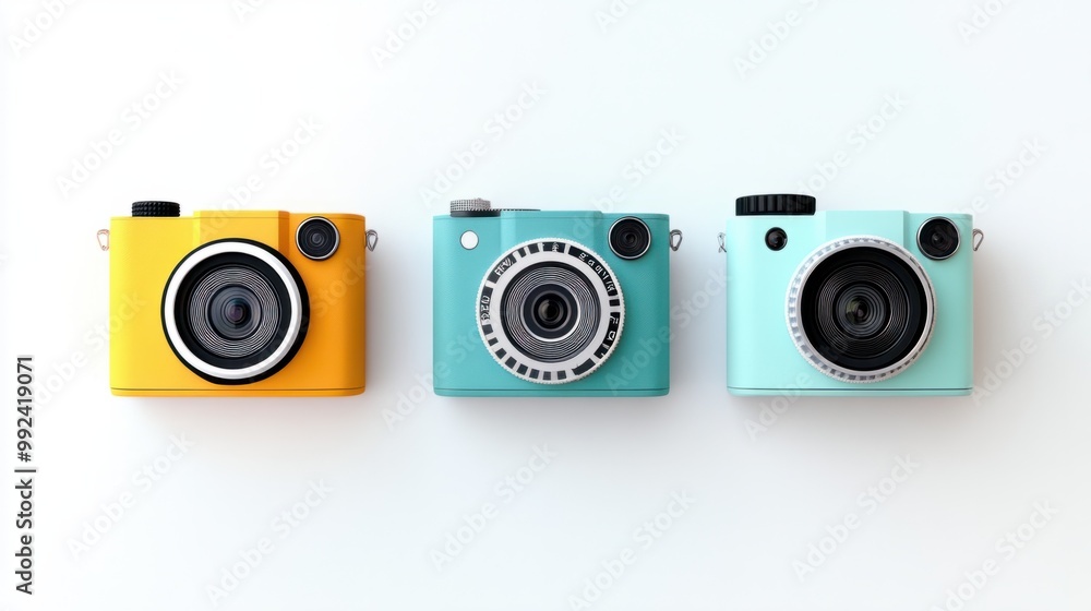 Three compact and colorful 3D cameras in modern designs, arranged symmetrically on a clean white background Three compact and colorful 3D cameras in modern designs, arranged symmetrically on a clean white background