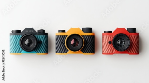 Three compact and stylish 3D cameras with vibrant textures, arranged symmetrically on white photo