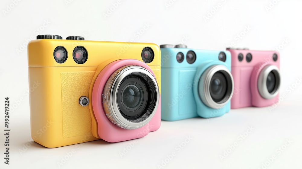 Three sleek and colorful 3D cameras with modern designs, isolated on a white background Three sleek and colorful 3D cameras with modern designs, isolated on a white background