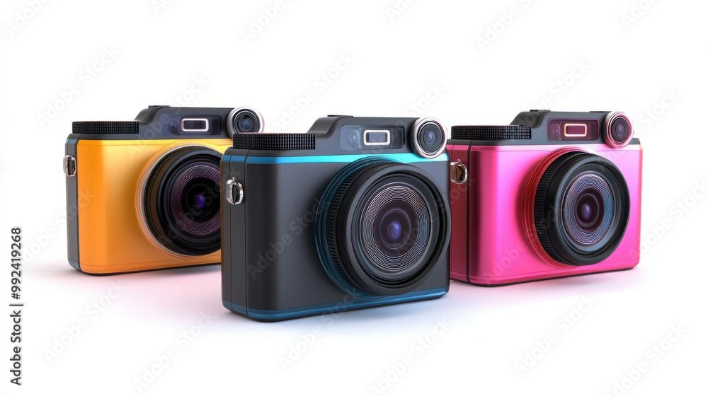 Three sleek and colorful 3D cameras with modern designs, isolated on a white background Three sleek and colorful 3D cameras with modern designs, isolated on a white background