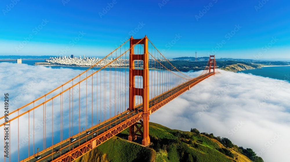 Fototapeta premium The Golden Gate Bridge stands majestically above a sea of clouds, connecting land and city, with a vibrant blue sky in the background.