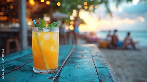 Refreshing naranjilla fruit juice ice cubes mint served colorful beachside caf table tropical drinks beachgoers softly blurred behind promoting hydration refreshment Scientific name Solanum quitoense photo