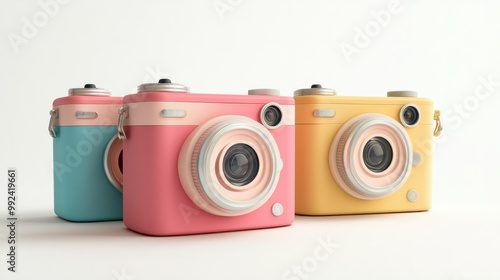 Trio of compact and cute cameras with smooth, colorful designs, arranged symmetrically on white