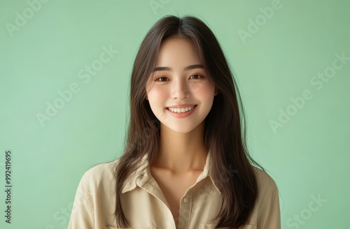 A young woman with a gentle smile poses confidently in front of a soft green background. The image highlights simplicity, elegance, and natural beauty.