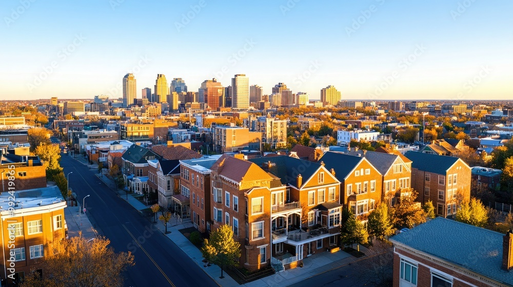 Naklejka premium A vibrant skyline of a city at sunset, showcasing modern architecture alongside charming residential homes in the foreground.