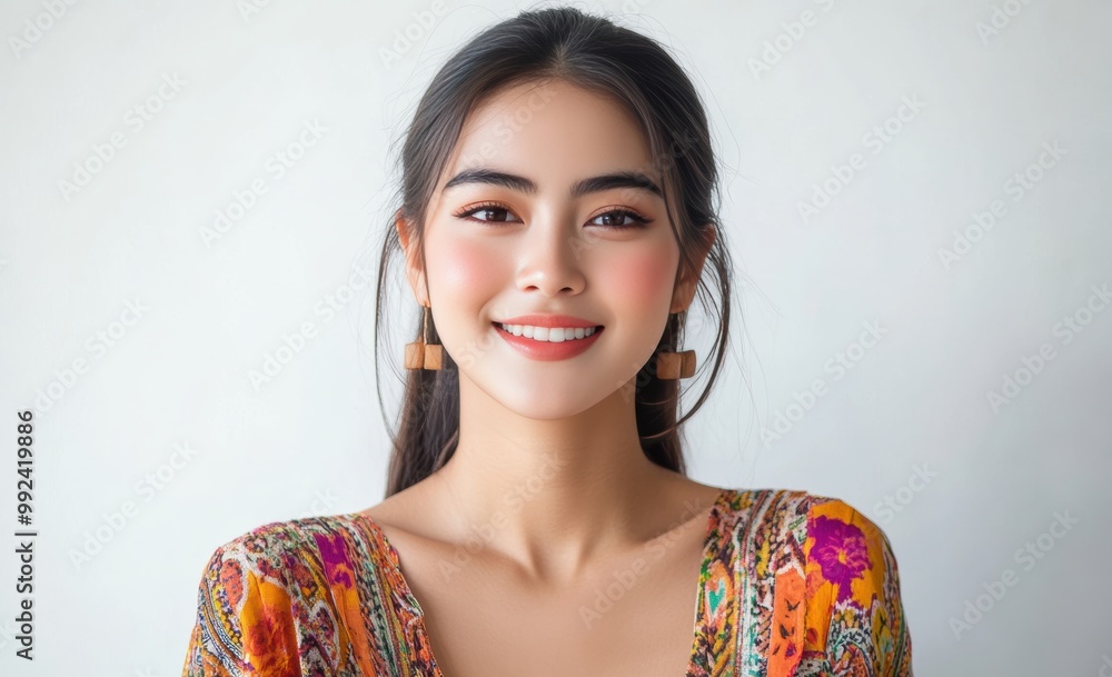 A young woman smiles while wearing traditional Asia attire, featuring intricate patterns and golden accessories. The soft background highlights her elegance and cultural beauty. A young woman smiles while wearing traditional Asia attire, featuring intricate patterns and golden accessories. The soft background highlights her elegance and cultural beauty.