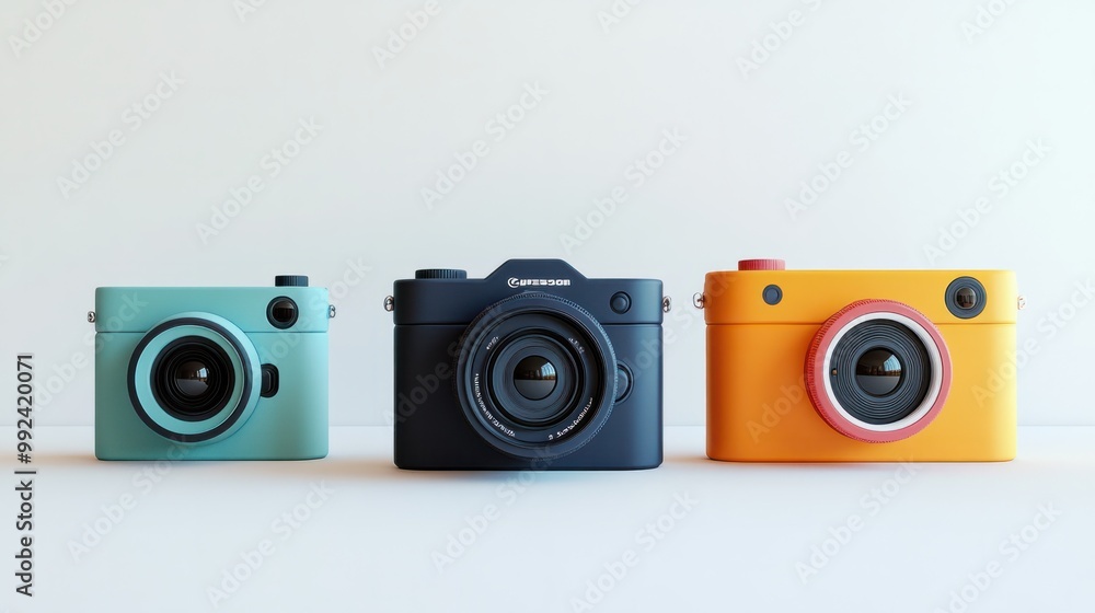 Trio of sleek, modern 3D cameras in stylish designs, placed against a white backdrop Trio of sleek, modern 3D cameras in stylish designs, placed against a white backdrop