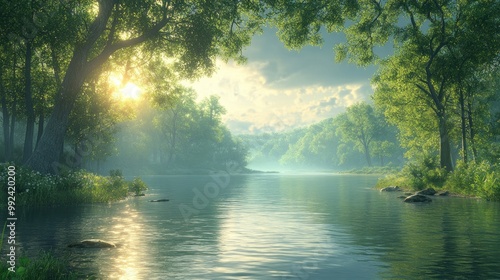 Serene river landscape with lush trees and soft sunlight.