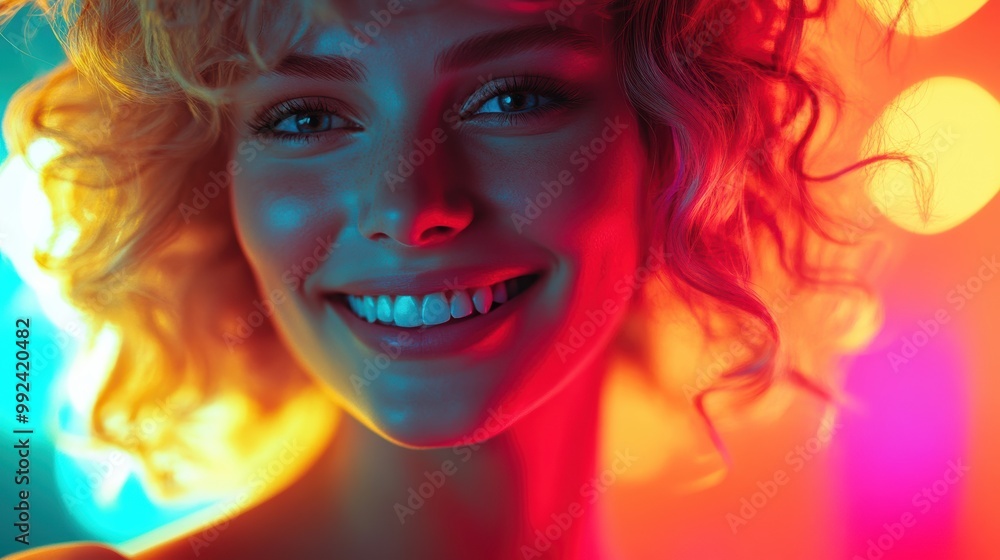 Joyful caucasian blonde woman is surrounded by vibrant marble texture colorful background and some.bokeh lights, her smile full of energy. The playful scene fits themes of celebration and fun. Joyful caucasian blonde woman is surrounded by vibrant marble texture colorful background and some.bokeh lights, her smile full of energy. The playful scene fits themes of celebration and fun.