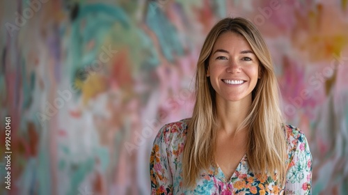 Joyful caucasian blonde woman is surrounded by vibrant marble texture colorful background and some.bokeh lights, her smile full of energy. The playful scene fits themes of celebration and fun.