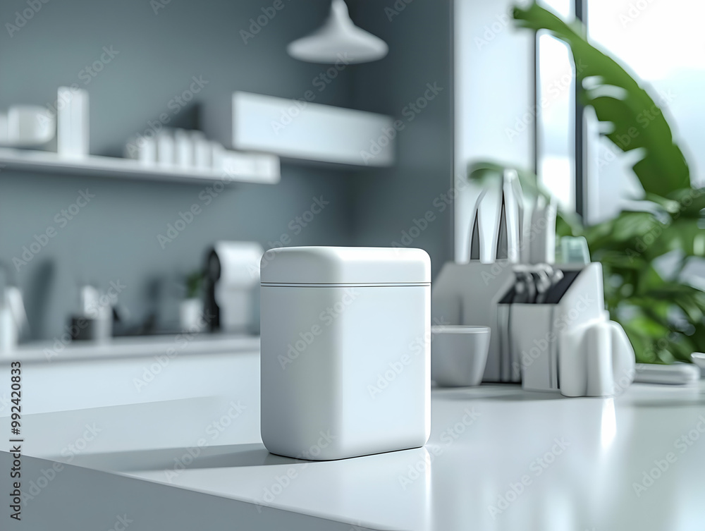 Minimalist white container on a kitchen countertop with modern decor. Minimalist white container on a kitchen countertop with modern decor.