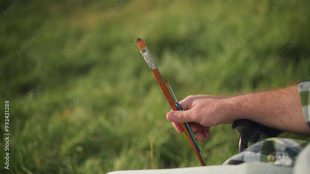 A close-up shot of a man's hand holding two paintbrushes one small and one very small against a blurred green background. The scene captures the simplicity and focus on the tools of artistic creation A close-up shot of a man's hand holding two paintbrushes one small and one very small against a blurred green background. The scene captures the simplicity and focus on the tools of artistic creation