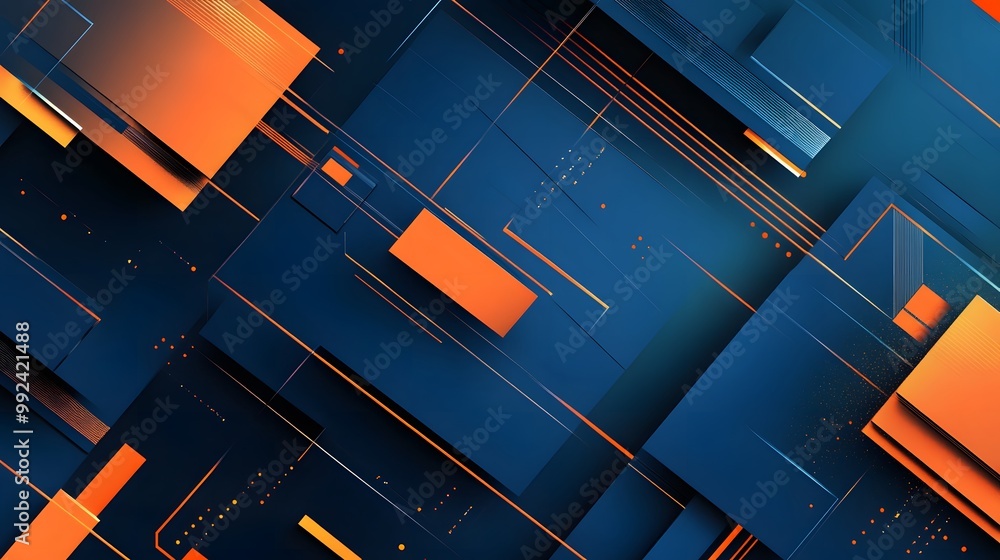 Global Minimal geometric background. Dynamic blue shapes composition with orange lines. Abstract background modern hipster futuristic graphic. Vector abstract background texture design, bright poster, Global Minimal geometric background. Dynamic blue shapes composition with orange lines. Abstract background modern hipster futuristic graphic. Vector abstract background texture design, bright poster,