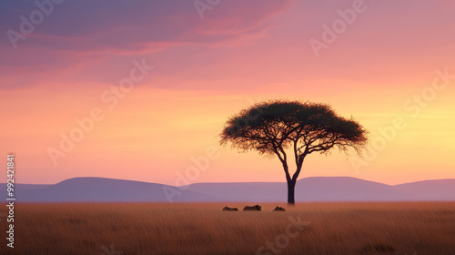 Lions resting beneath an acacia tree in the savanna at sunset, with a colorful sky creating a peaceful and expansive landscape.