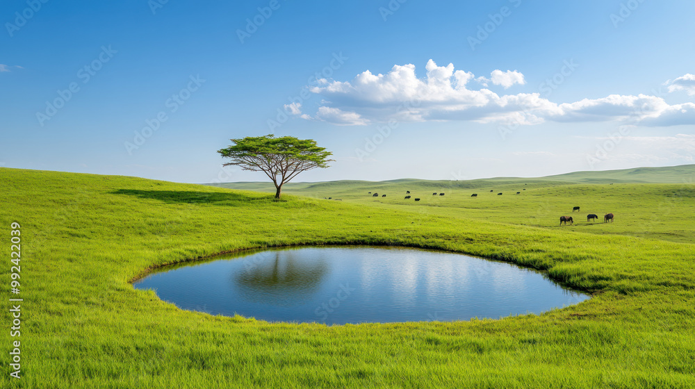 Tranquil savanna scene with a waterhole, lush green grass, acacia tree, and cattle grazing under a clear blue sky, creating a peaceful pastoral landscape. Tranquil savanna scene with a waterhole, lush green grass, acacia tree, and cattle grazing under a clear blue sky, creating a peaceful pastoral landscape.