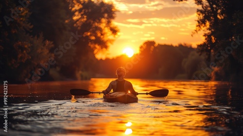 Man, rowing and outdoor with lake or kayak or water sports, thinking and river journey on summer vacation. photo