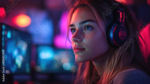 Young Woman Gamer Wearing Headphones in a Vibrant Room