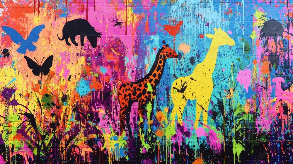 Vibrant graffiti wall featuring colorful animal silhouettes, abstract splashes of paint Vibrant graffiti wall featuring colorful animal silhouettes, abstract splashes of paint