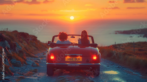 Travel, freedom and friends in car for road trip by sunset for countryside vacation or holiday.