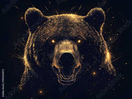 An intense close-up of a bear's face with glowing eyes against a dark, dramatic background. photo