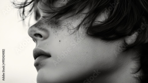 Close-up of a Freckled Face with Windblown Hair