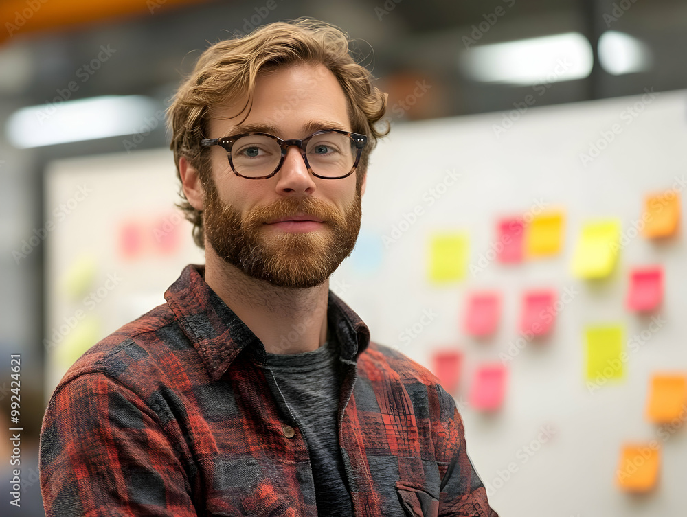 Smiling man with glasses and a beard, standing in a creative workspace with colorful sticky notes in the background. Smiling man with glasses and a beard, standing in a creative workspace with colorful sticky notes in the background.