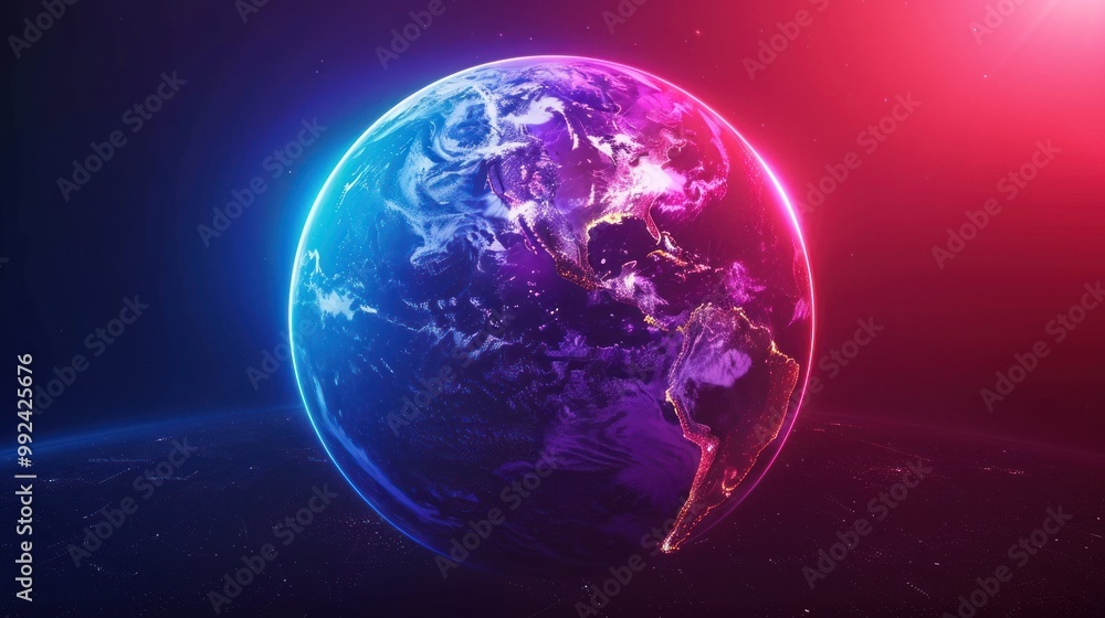 Fototapeta premium Neon Earth Network Beautiful neon hologram planet AI generated images