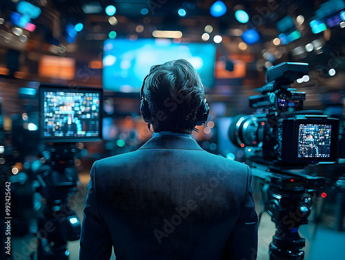 Professional man in suit overseeing video production in a modern studio setup. photo