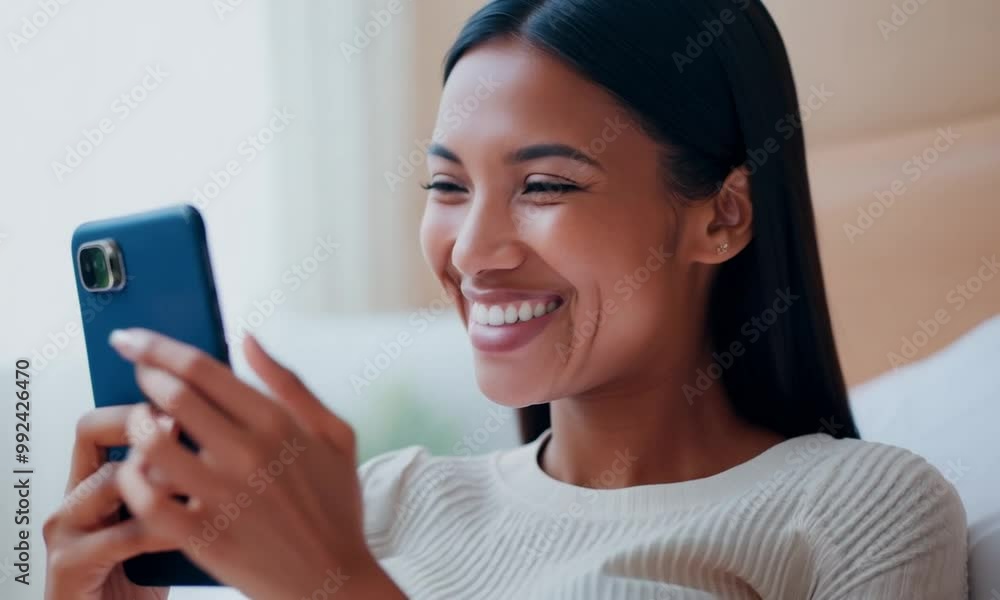 Young Woman Using Smartphone and Laughing at Home Young Woman Using Smartphone and Laughing at Home