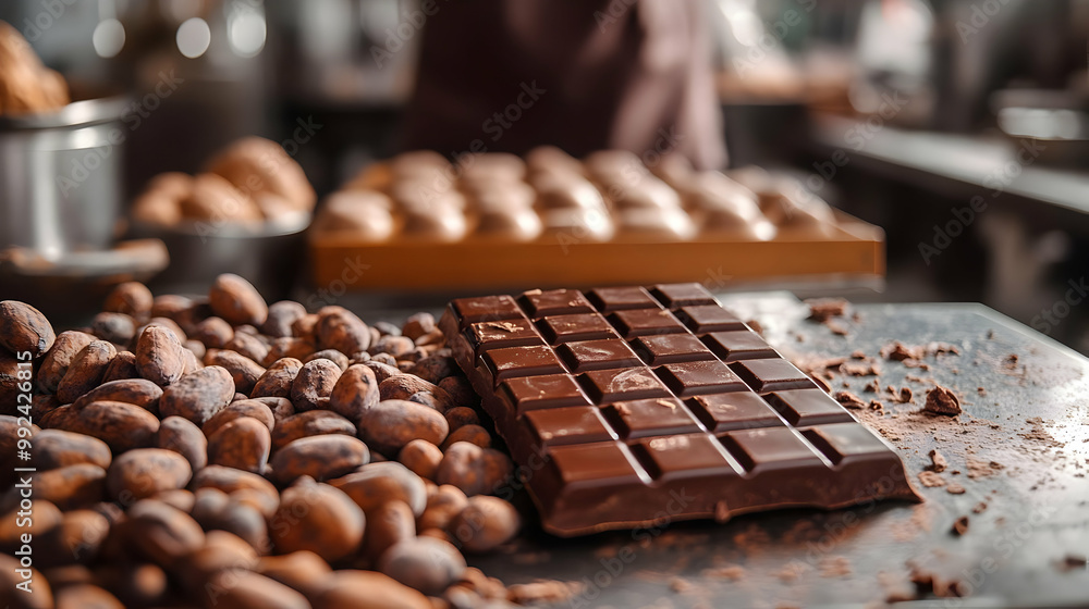 Chocolate bar surrounded by cocoa beans in a kitchen environment. Perfect for culinary and dessert-themed projects. Chocolate bar surrounded by cocoa beans in a kitchen environment. Perfect for culinary and dessert-themed projects.